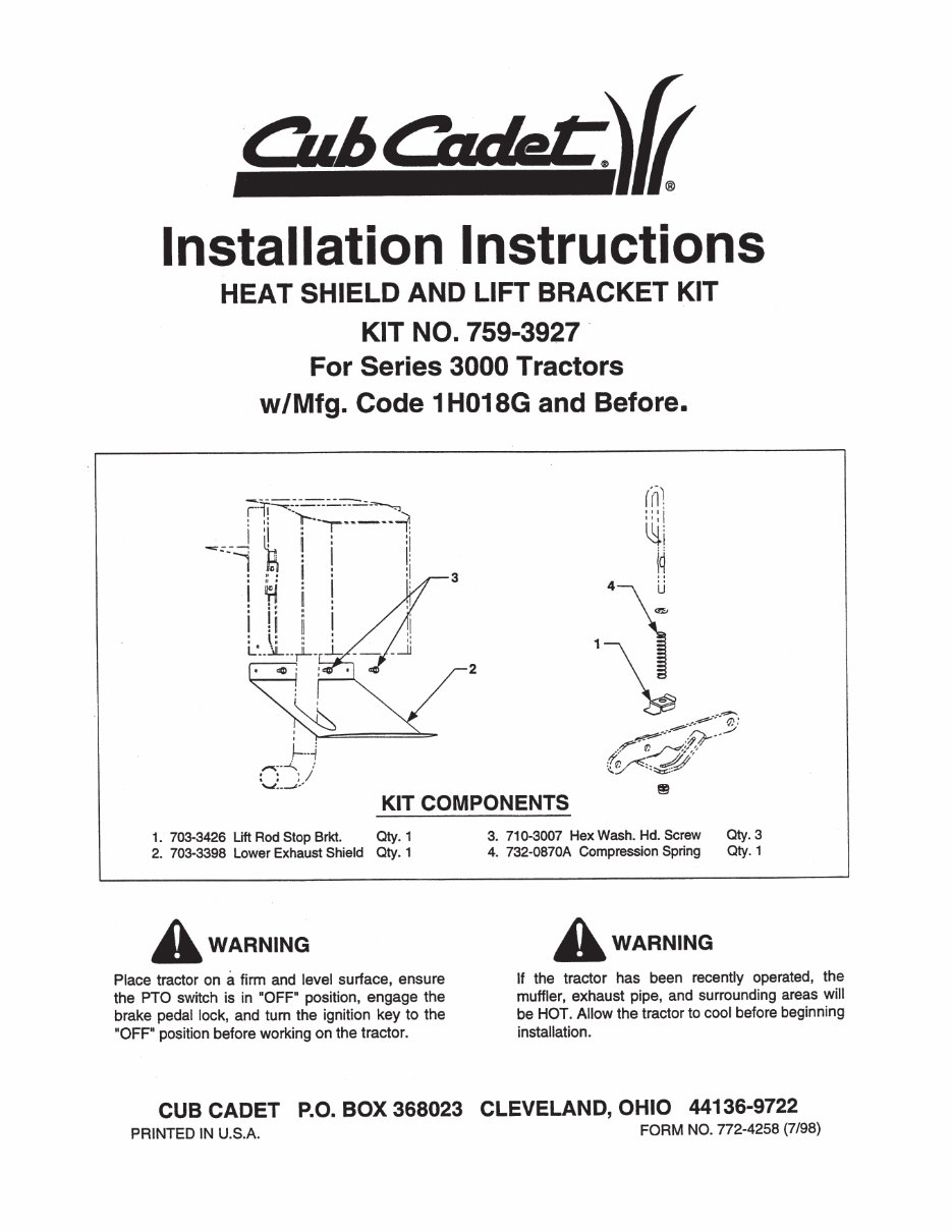 Cub Cadet 3000 Series Tractor Service Repair Manual 3165 3185
