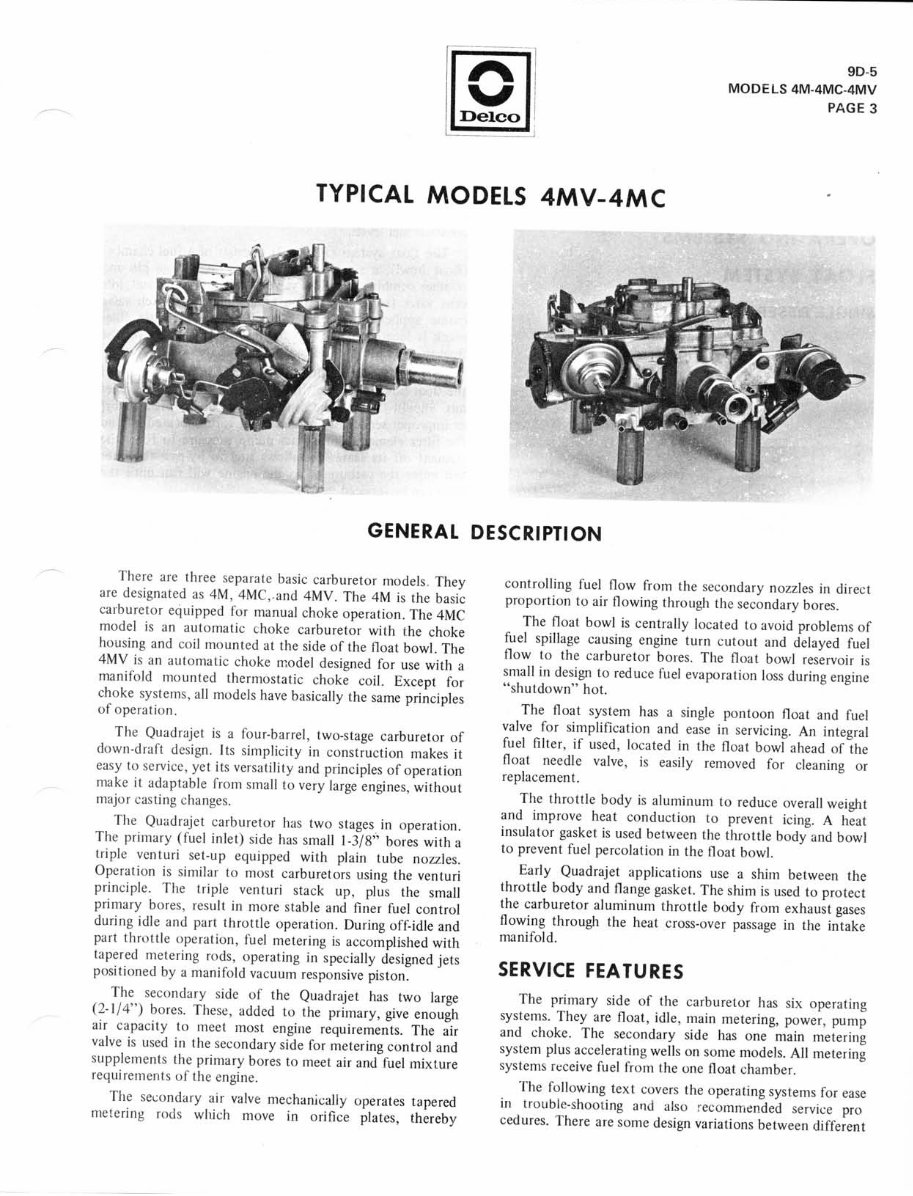 Rochester Delco Quadrajet Carburetor Models Service Manual