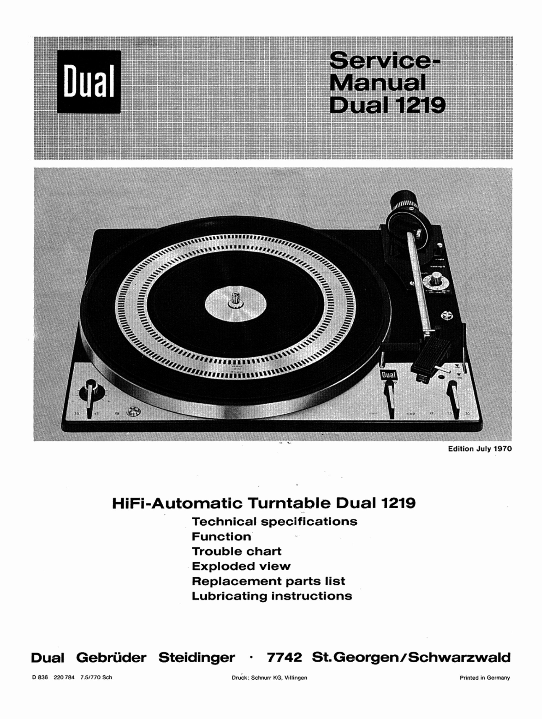 Dual 1219 Turntable Service Manual Manuals Online