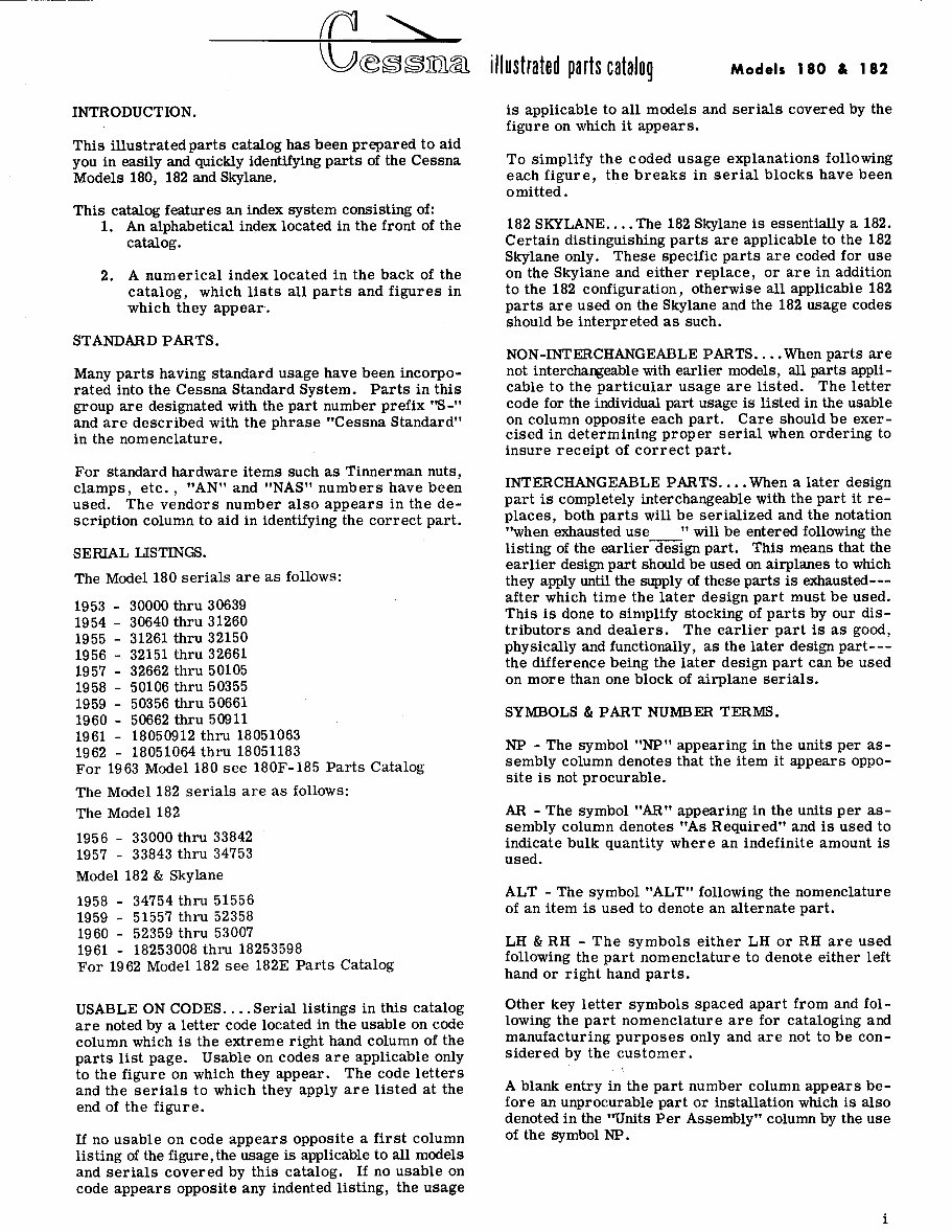 CESSNA 180 182 Parts Manual Catalog 19531962