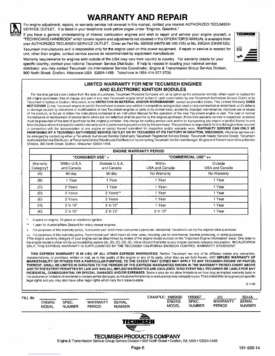 Tecumseh Manual and Maintenance OHSK120 HMSK80 ...90 100 105