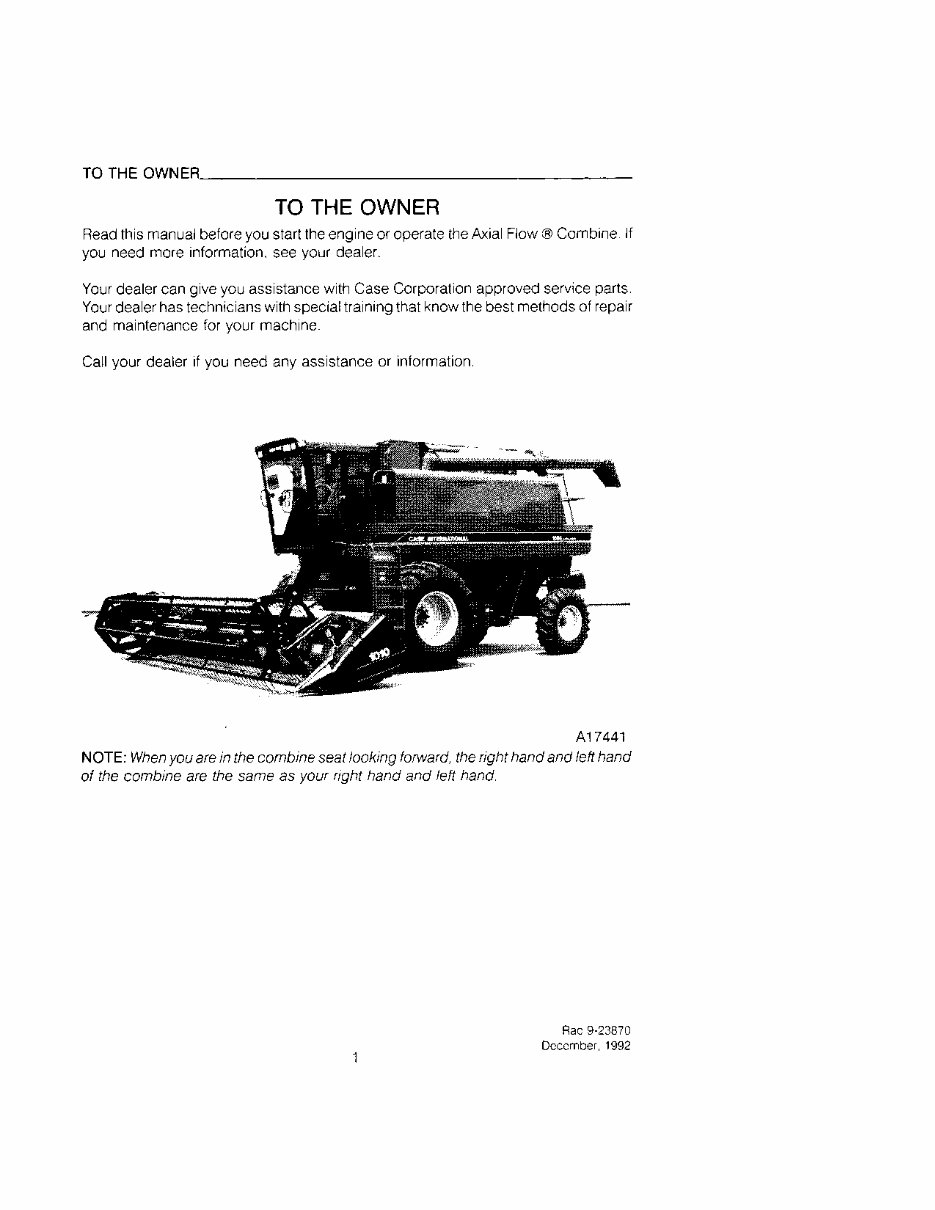 CASE IH AXIAL FLOW 1688 Combine Operators Manual