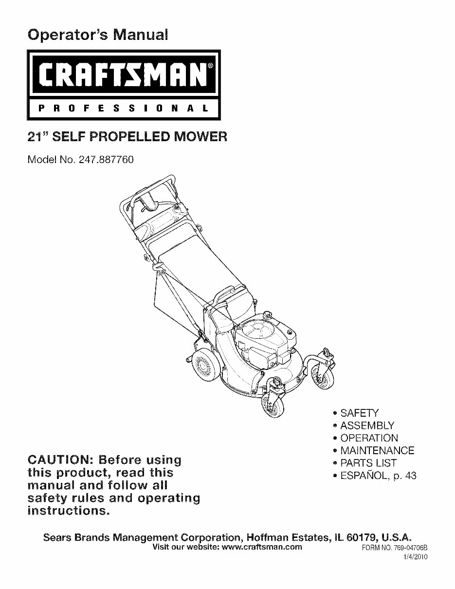 CRAFTSMAN 21 Self PROPELLED MOWER Model No. 247.887760