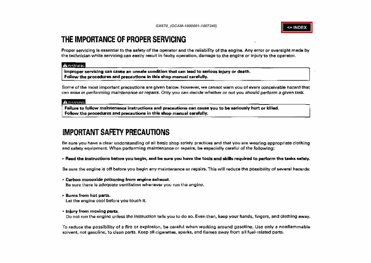 Honda GX670 Horizontal Shaft Engine Repair Manual