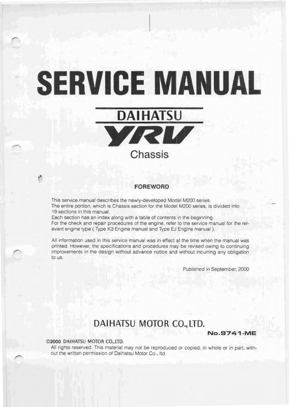 Daihatsu YRV (Young Recreational Vehicle) (Model M200) Service