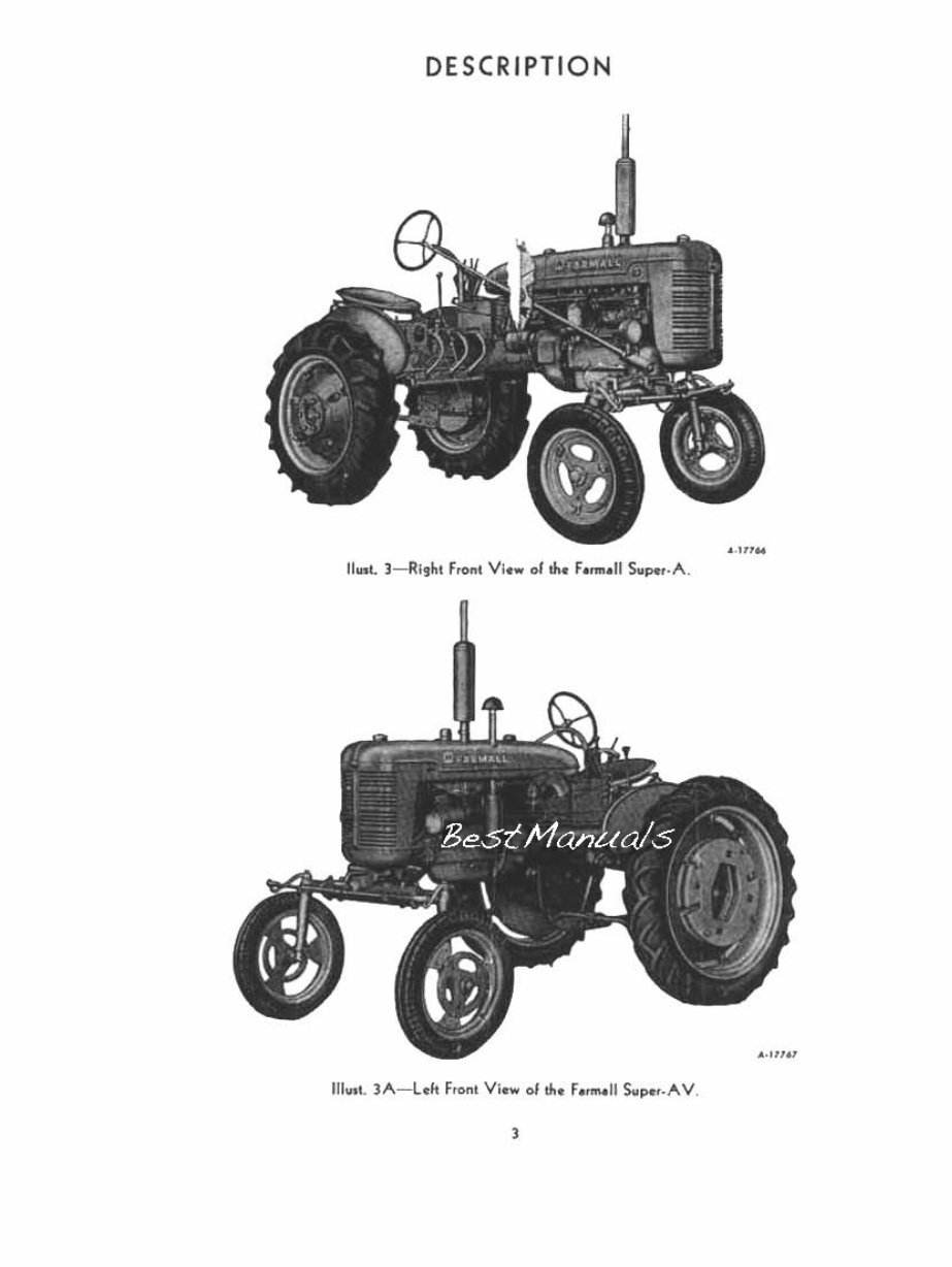 Farmall SUPER A , AV Owners Manual Operators IH Tractor