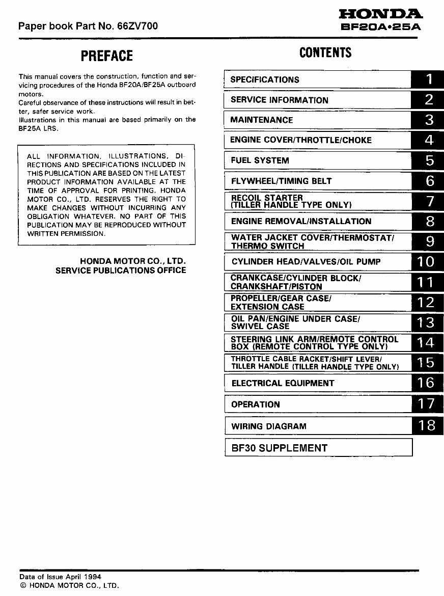 HONDA OUTBOARD BF20A BF25A BF30A Engine Full Service & Repair Manual