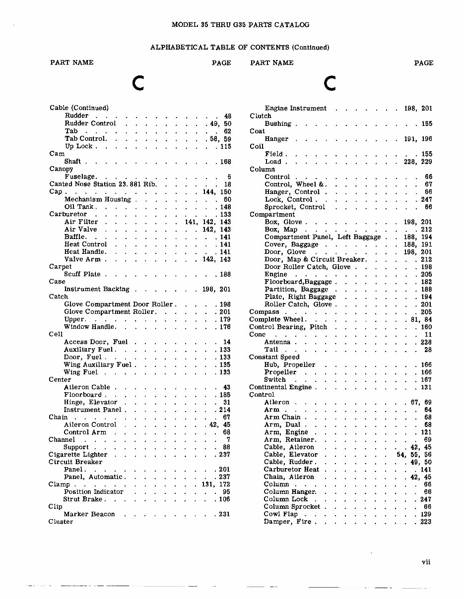 Beechcraft Bonanza 35 thru G35 IPC Parts Catalog Manual