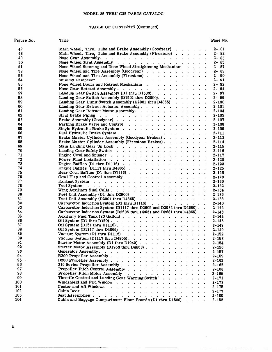 Beechcraft Bonanza 35 thru G35 IPC Parts Catalog Manual