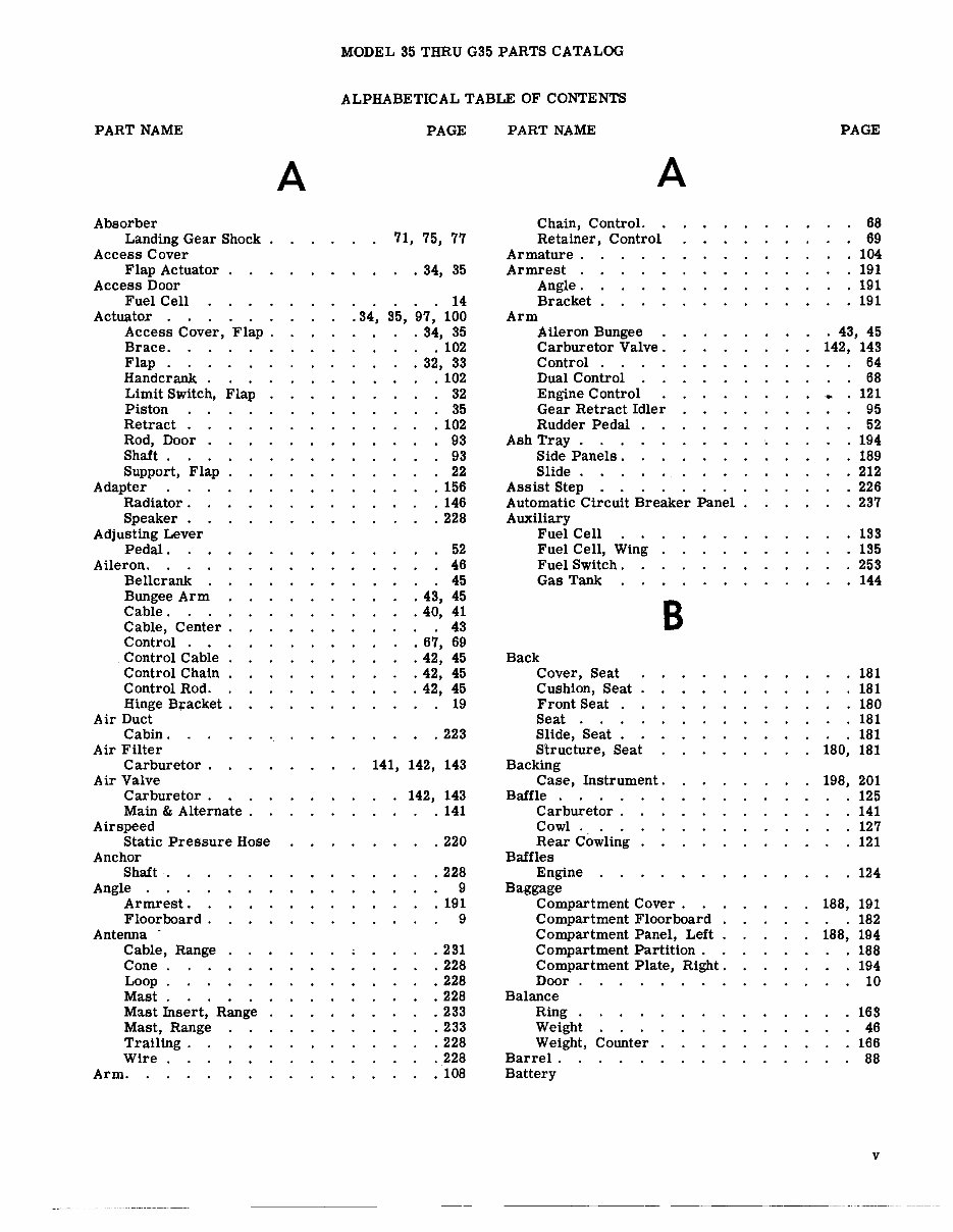 Beechcraft Bonanza 35 thru G35 IPC Parts Catalog Manual