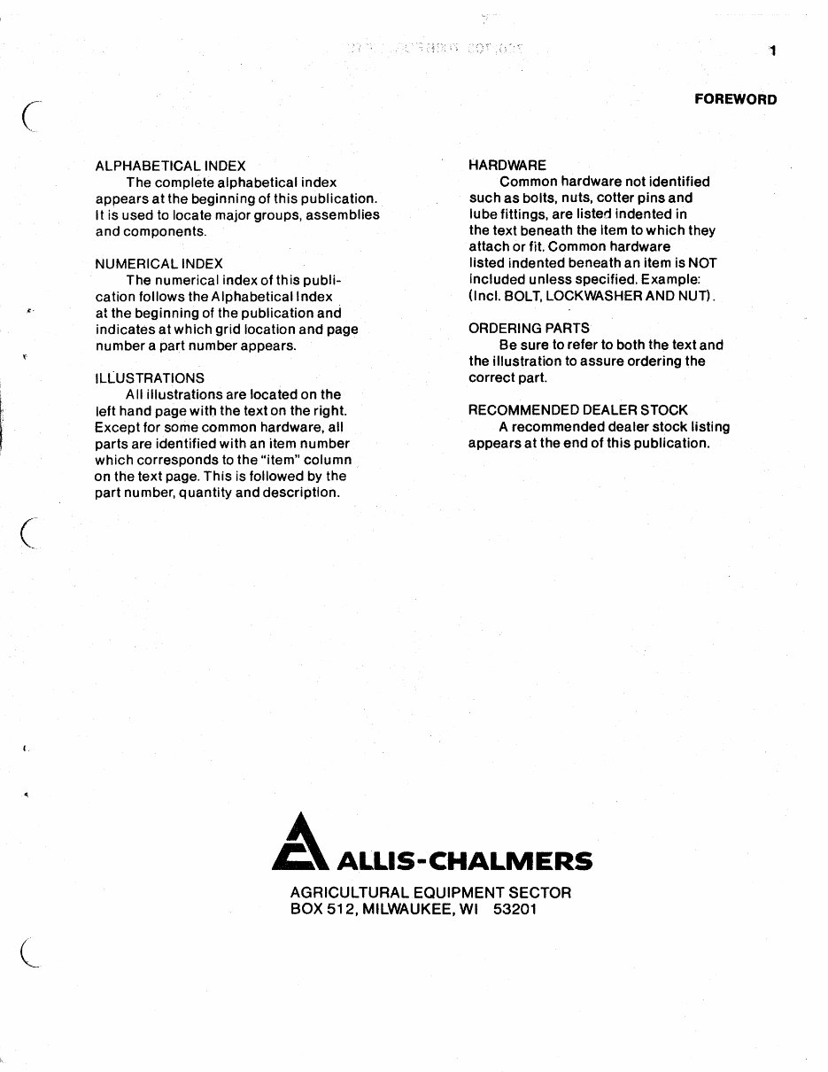 Allis Chalmers 700 706 706B Forklift Parts Catalog Manual