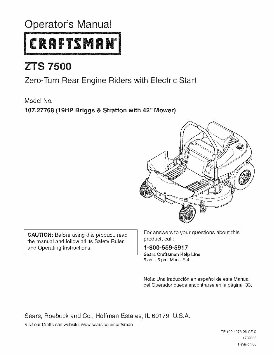 Craftsman zero best sale turn zts 7500