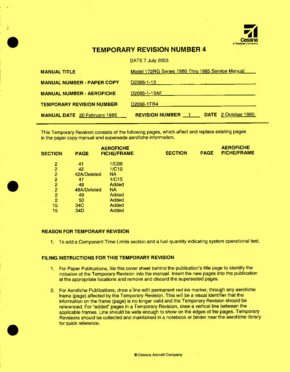 Cessna 172RG Service Maintenance Manual 1980 - 1985