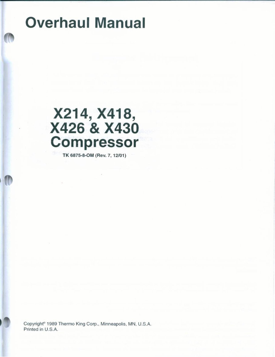 THERMO KING X214 X418 X426 X430 COMPRESSOR OVERHAUL Manual