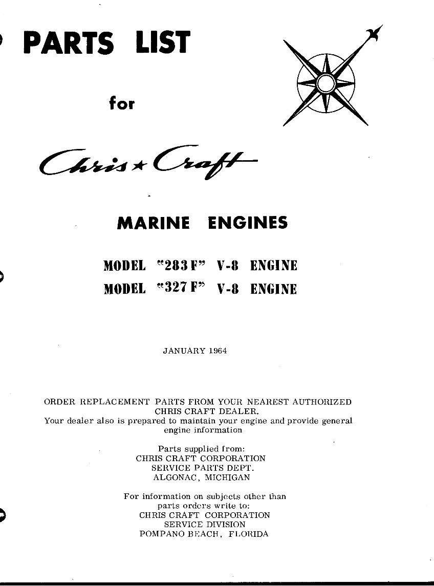 CHRIS CRAFT Marine Engine 283 327 F V8 Parts Manual LIST EPC