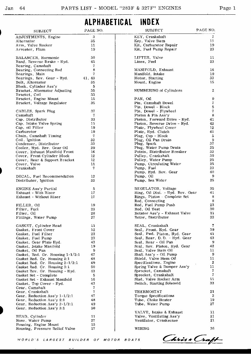 CHRIS CRAFT Marine Engine 283 327 F V8 Parts Manual LIST EPC