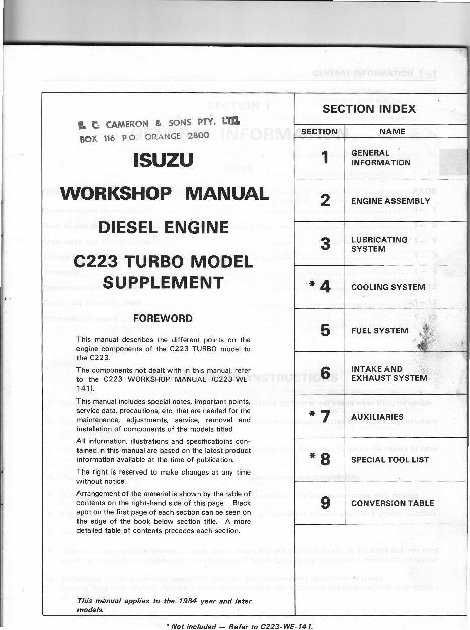 ISUZU C223 TURBO Engine Full Service & Repair Manual 1984-Onwards