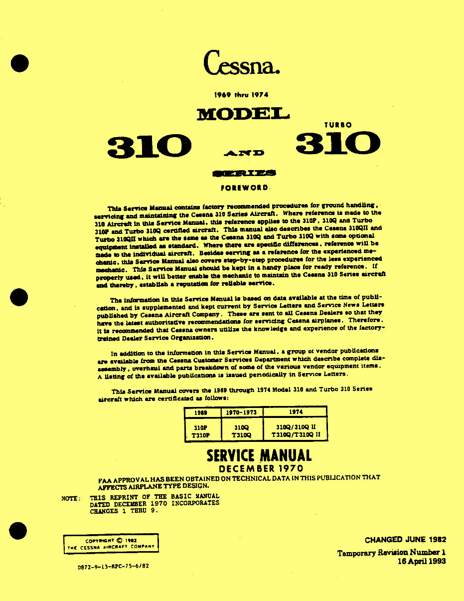 Cessna 310 P/Q service maintenance manual D872913