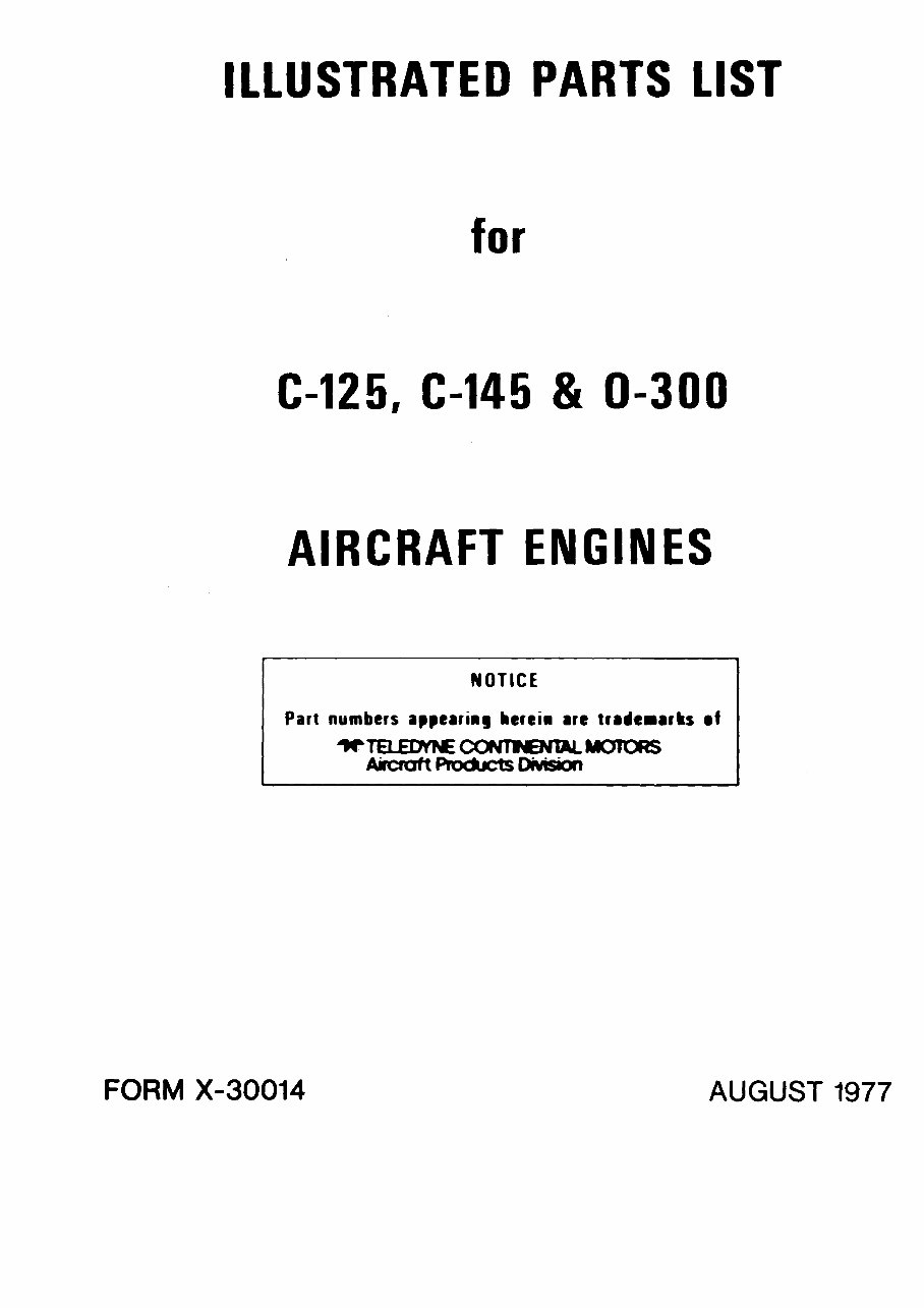Continental C125, C145, 0300 Engines Illustrated Parts Manual Catalog