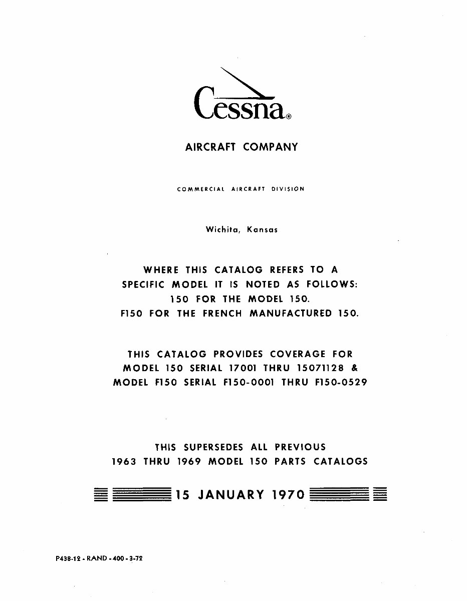 Cessna 150 Parts Catalog Manual 19591969 Cessna Parts Book