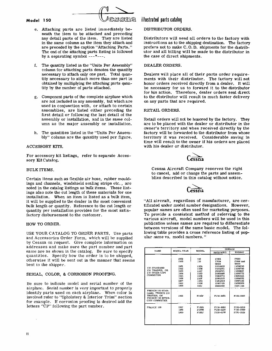 Cessna 150 Parts Catalog Manual 19591969 Cessna Parts Book
