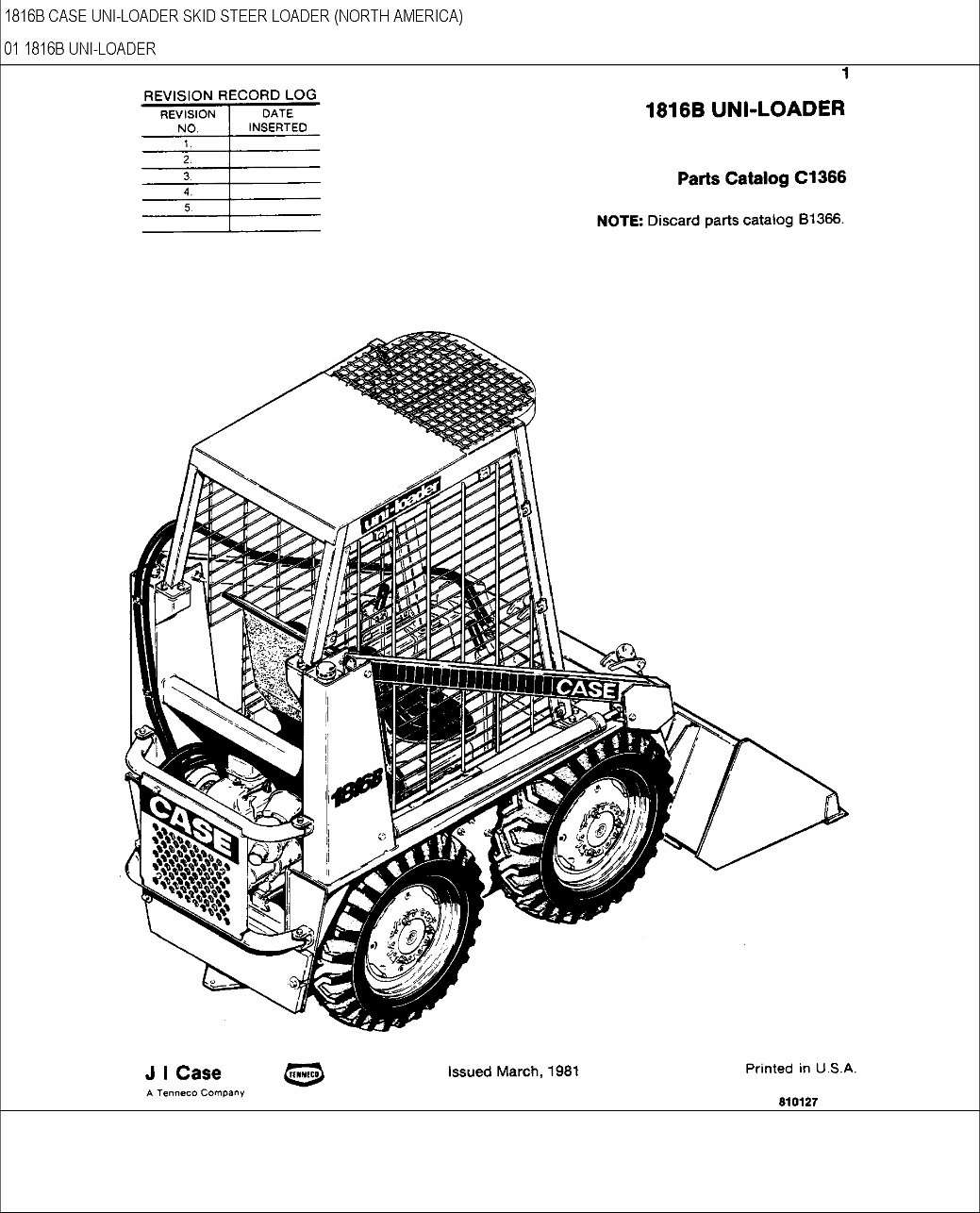 CASE 1816B Skid Steer Loader Parts Catalog Manual