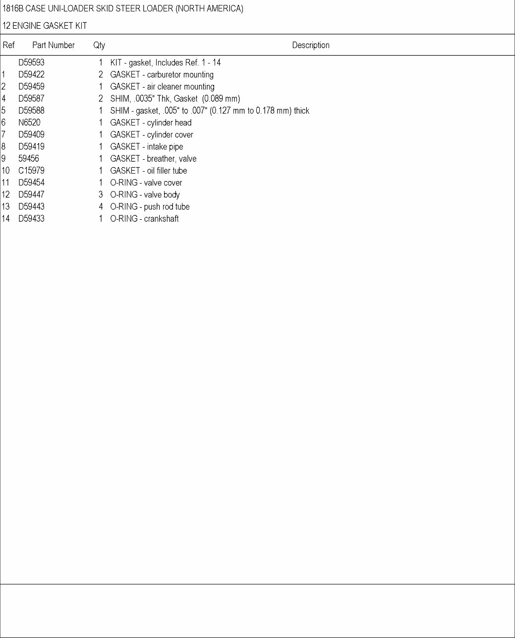 CASE 1816B Skid Steer Loader Parts Catalog Manual