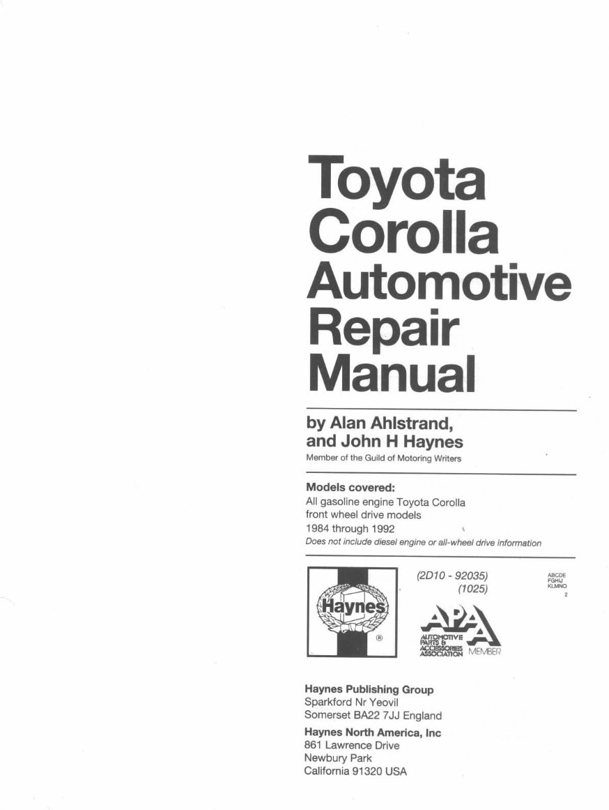 19841992 Toyota Corolla Service & Repair Manual