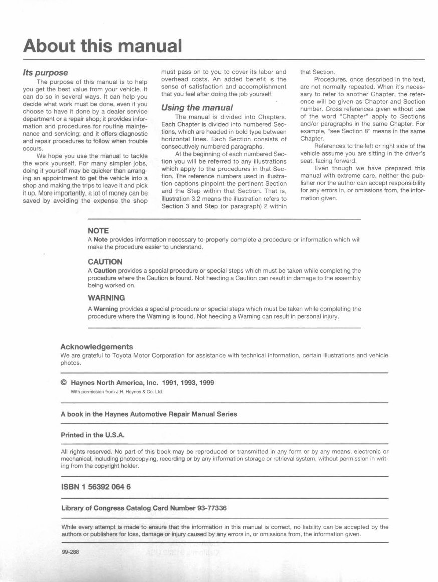 19841992 Toyota Corolla Service & Repair Manual