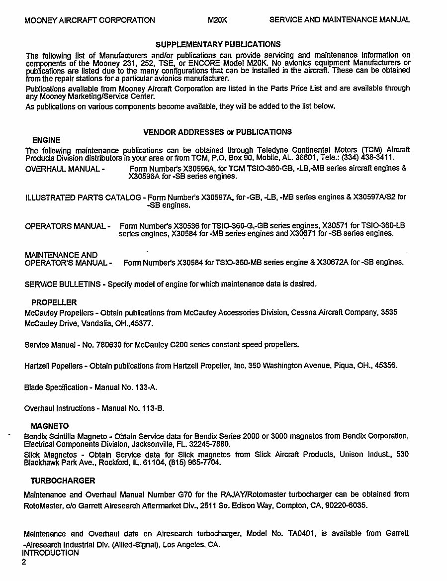 Mooney M20K 231 aircraft maintenance service manual