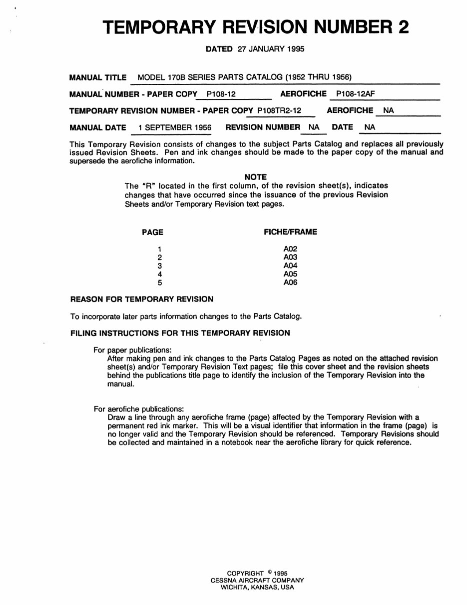 Cessna 170B Parts Catalog Manual 170 1952 - 1956