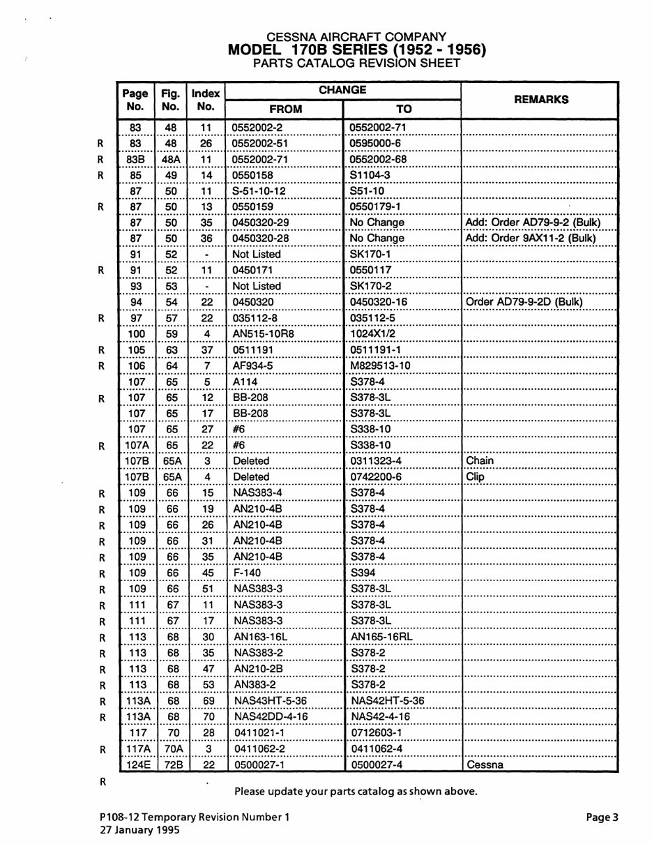 Cessna 170B Parts Catalog Manual 170 1952 - 1956