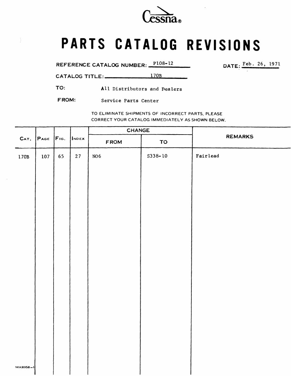 Cessna 170B Parts Catalog Manual 170 1952 - 1956