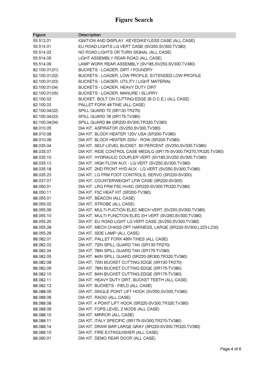 CASE SV250 Skid Steer Loader Parts Catalog Manual