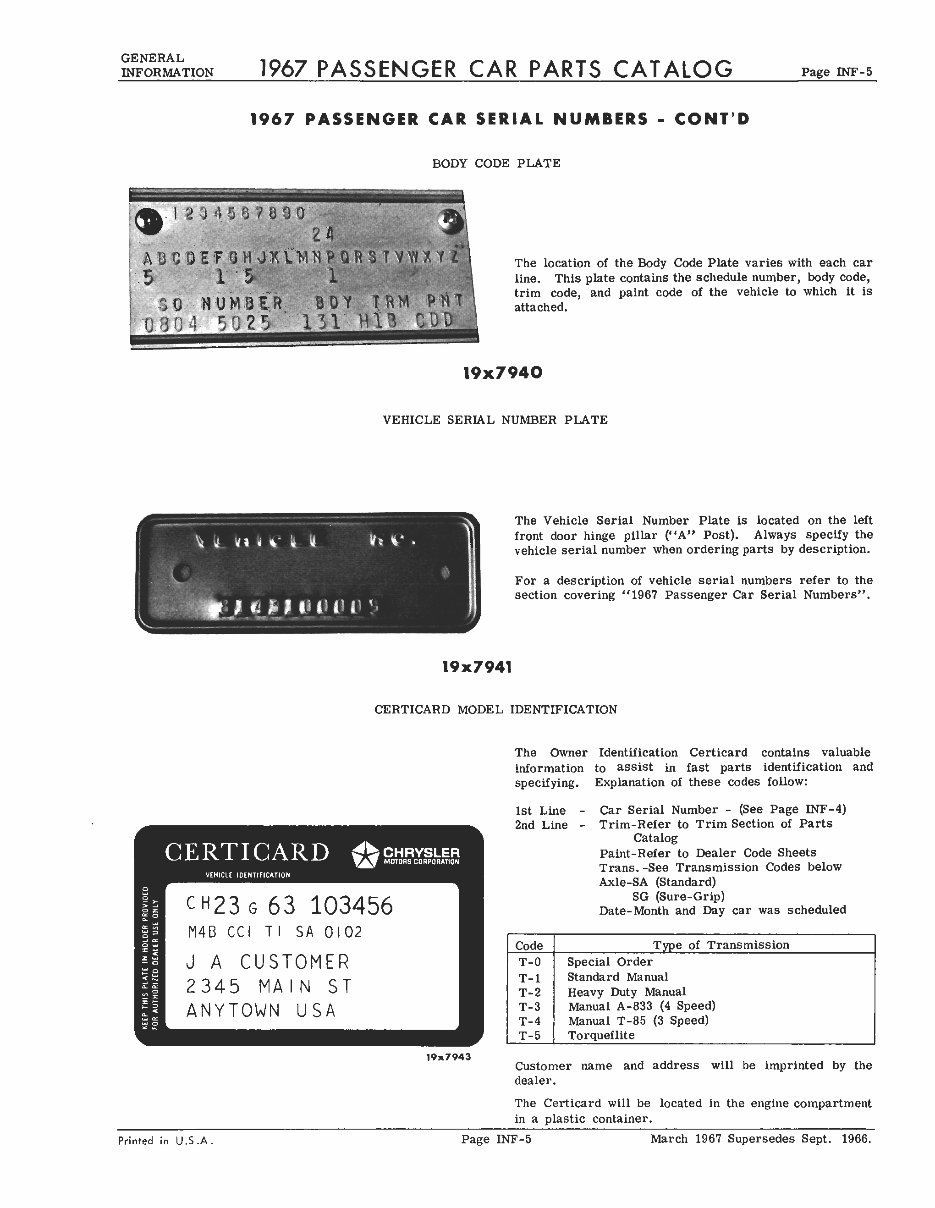 1967 Dodge/Chrysler/Plymouth/Imperial Parts Catalog Charger Dart 270 GT