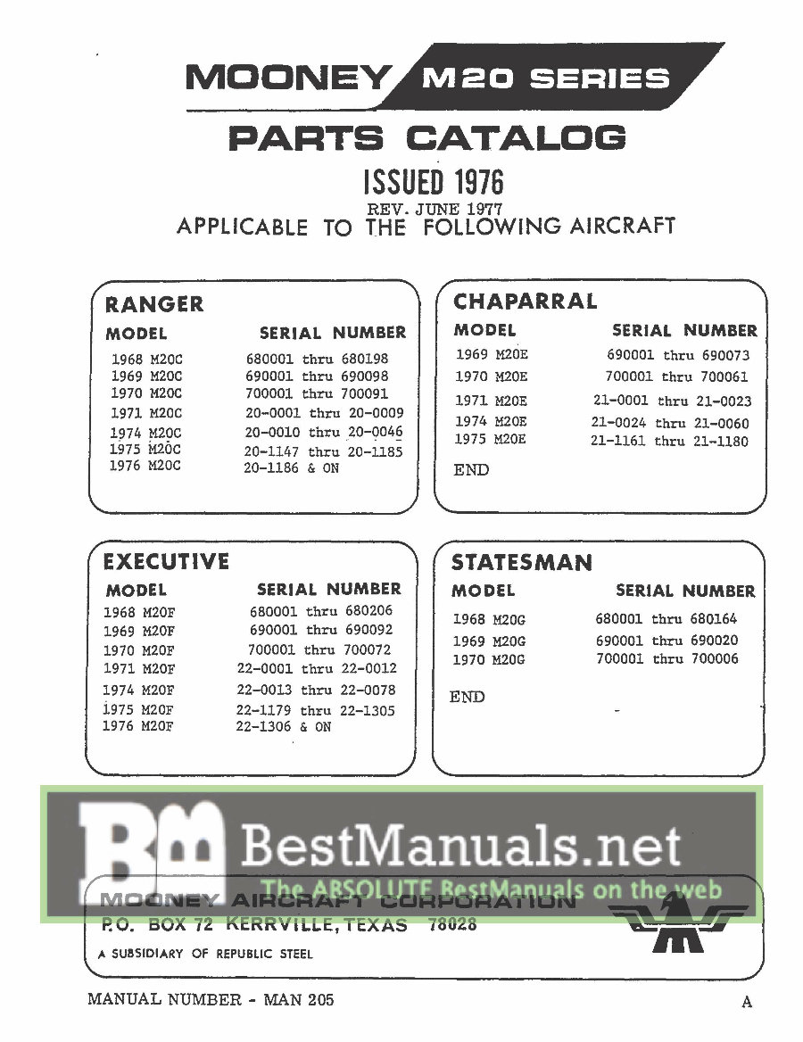 Mooney M20 Series M20C M20E M20F M20G Illustrated Parts Catalog Manual