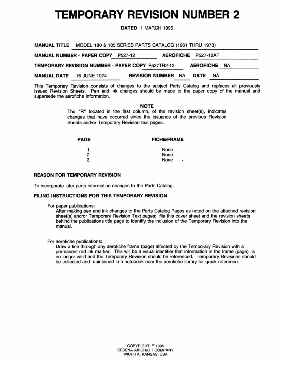Cessna 180, 185 Parts Catalog Manual 196173 Cessna 180, 185 Skywagon