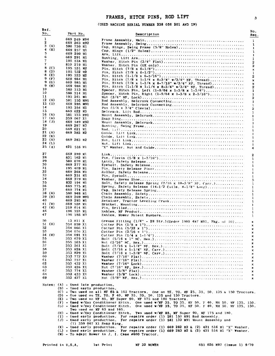 MASSEY FERGUSON MF 32 MOWER PITMAN DRIVE Parts Manual 651026M97