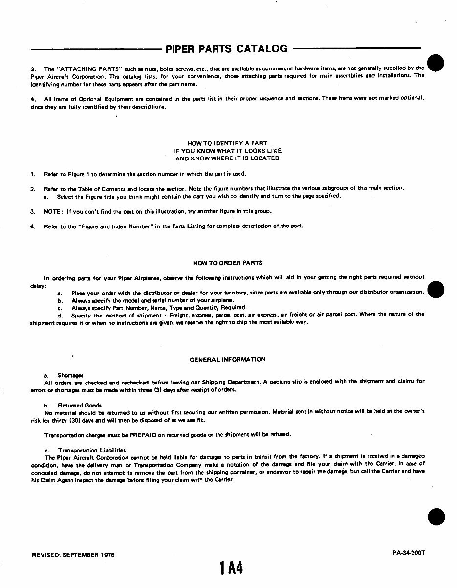 Piper Seneca II PA34200T Illustrated Parts Catalog Manual