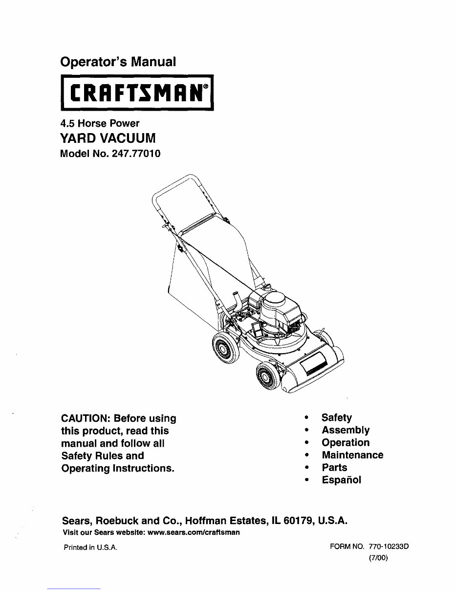 CRAFTSMAN 4.5HP Yard Vacuum Operator Manual 247.77010