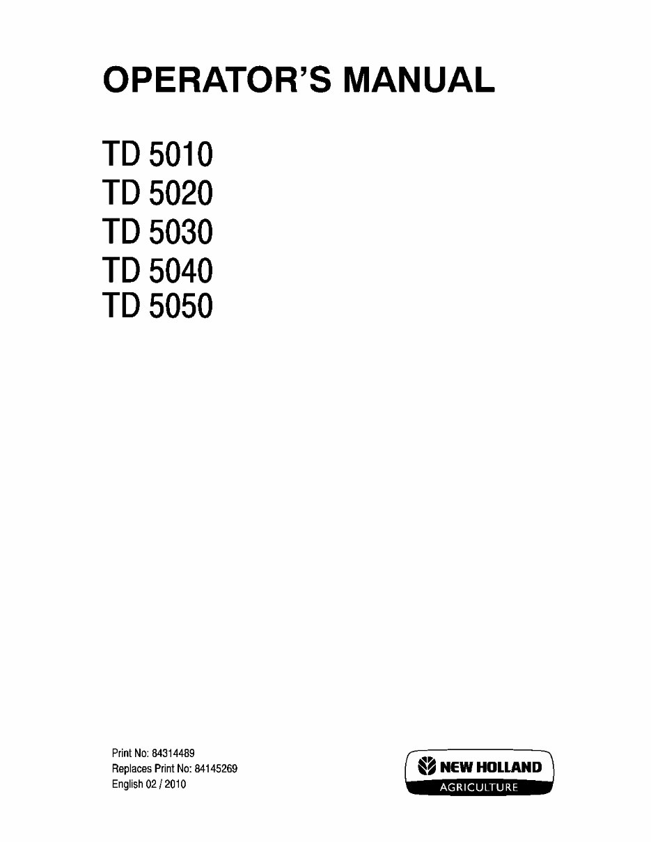 NEW HOLLand TD5010 TD5020 TD5030 TD5040 TD5050 Tractor Operators Manual