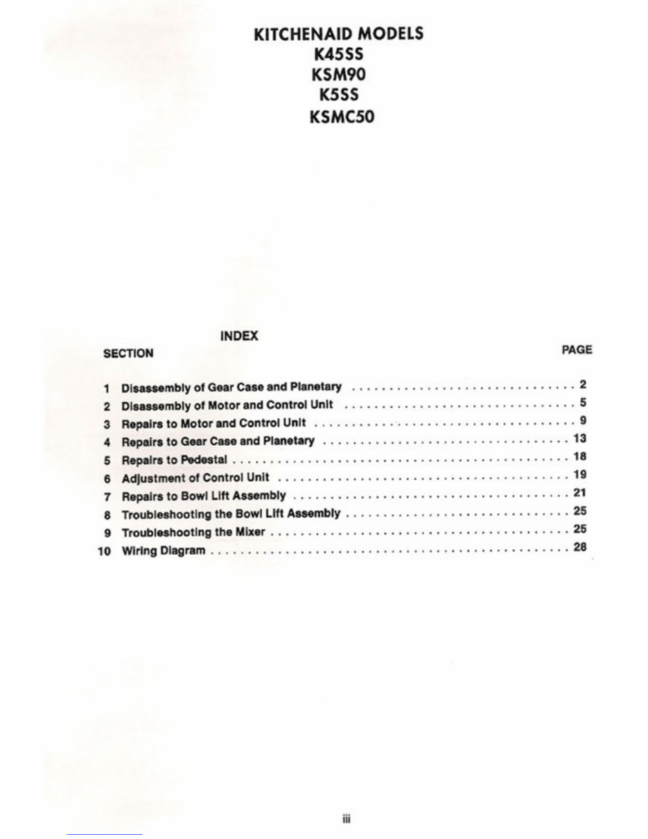 KitchenAid KSMC50 K5SS K45S and KSM90 Mixer Service Manual