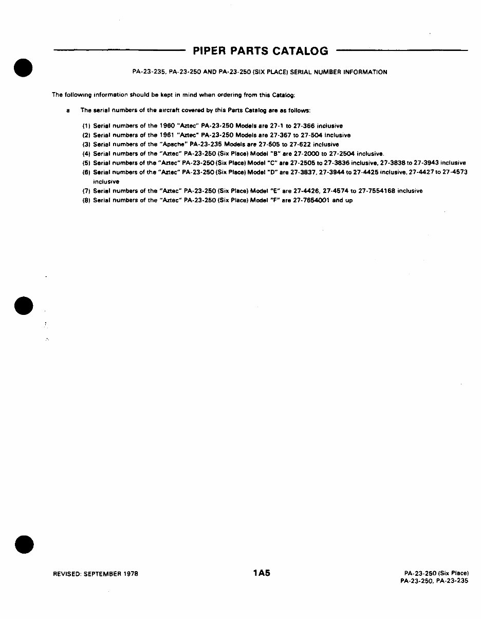 PA23250 Aztec PA23235 Apache IPC IPL Parts Catalog Manual
