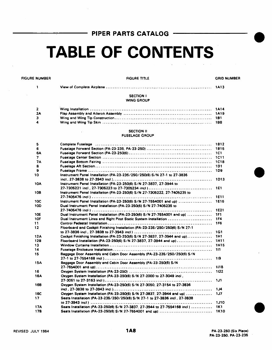PA23250 Aztec PA23235 Apache IPC IPL Parts Catalog Manual