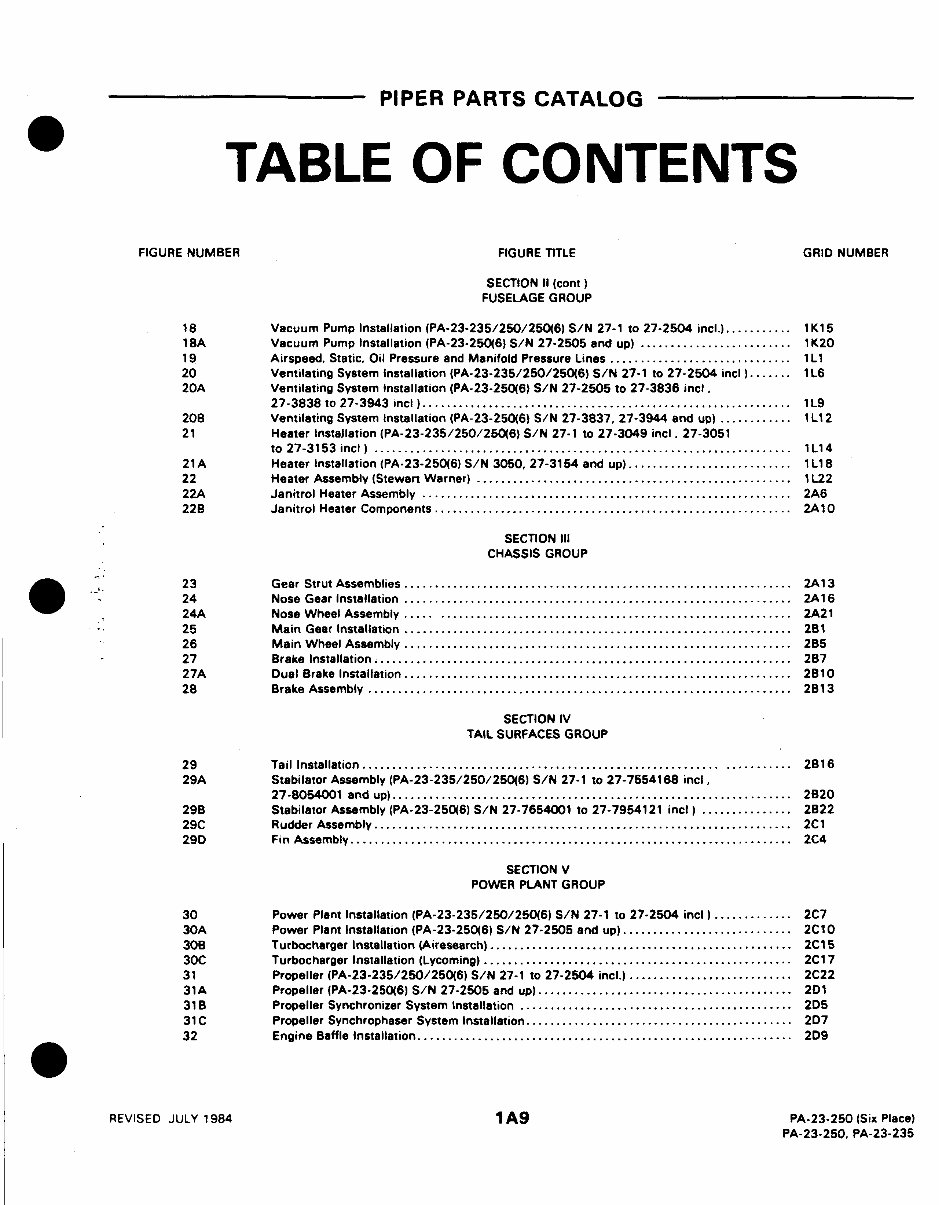 PA23250 Aztec PA23235 Apache IPC IPL Parts Catalog Manual