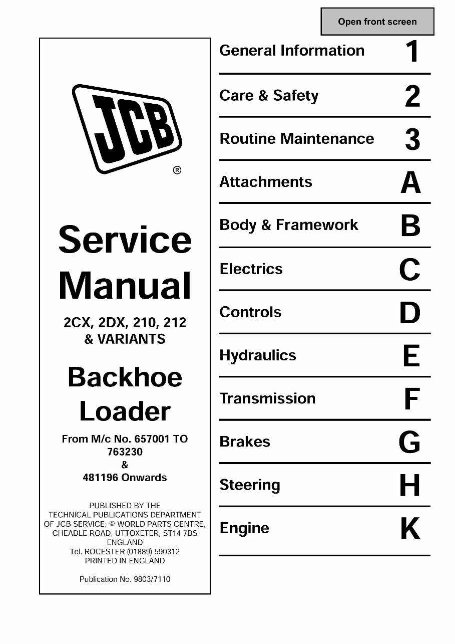 JCB 2CX, 2DX, 210, 212 Backhoe Loader Service Repair Manual SN