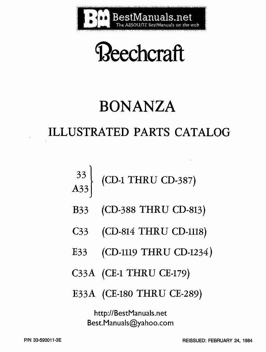 BEECHCRAFT DEBONAIR 33 Series IPC Illustrated Parts Catalog Parts Manual  IPL -