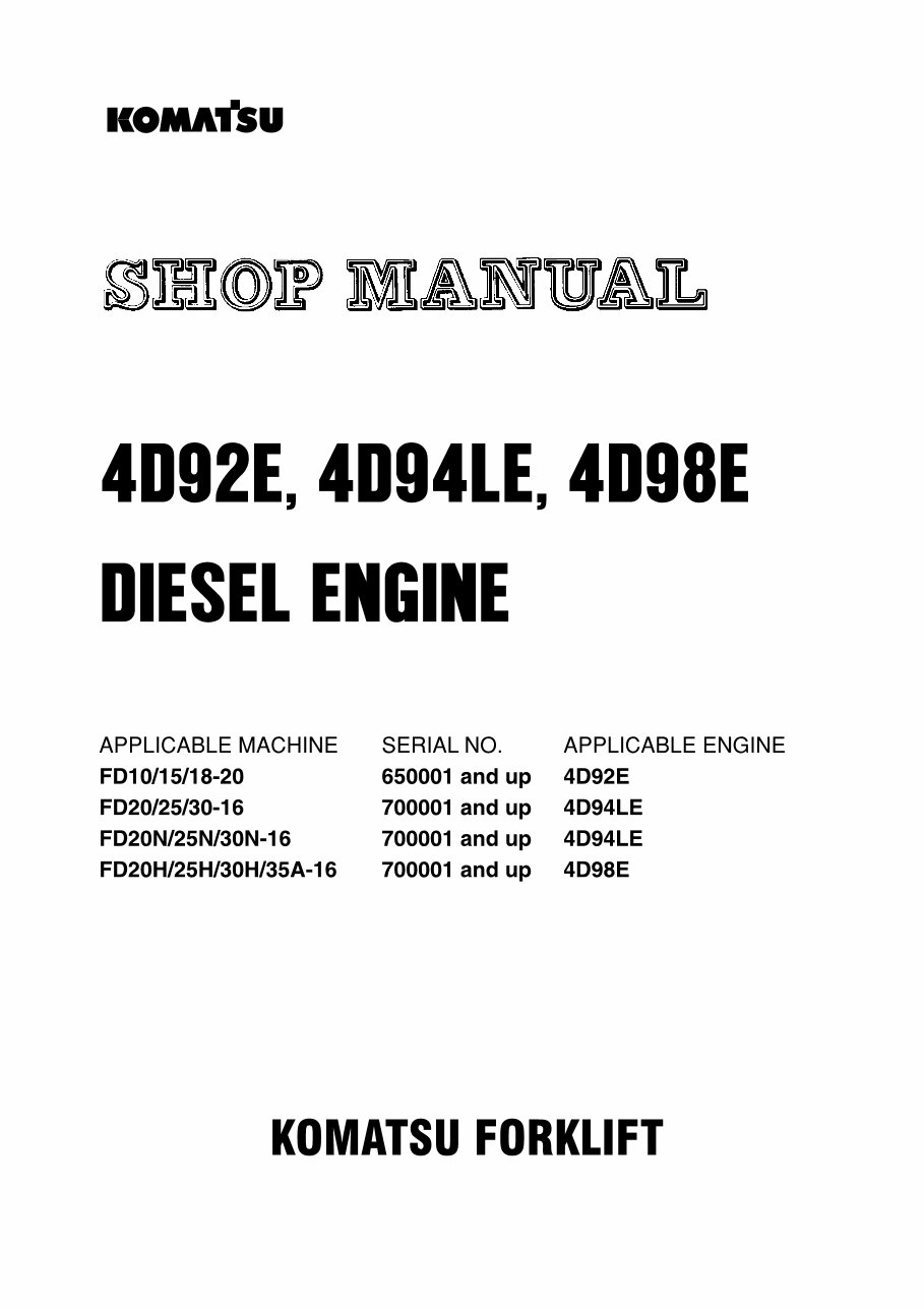 KOMATSU 4D92E,4D94LE,4D98E Diesel Engine Service Repair Shop Manual