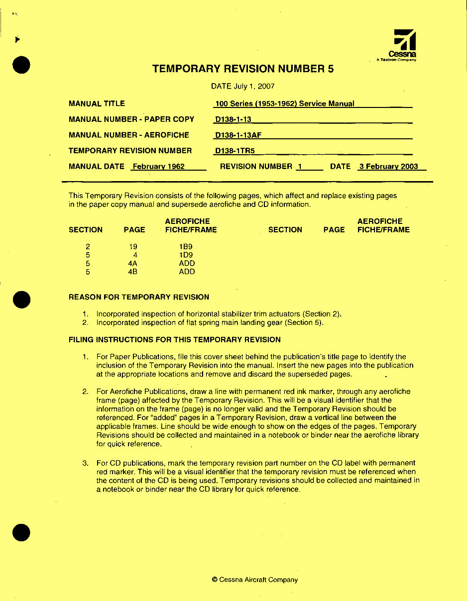 Cessna Service 100 Series Repair Manual 195662 Cessna 150, 172, 177