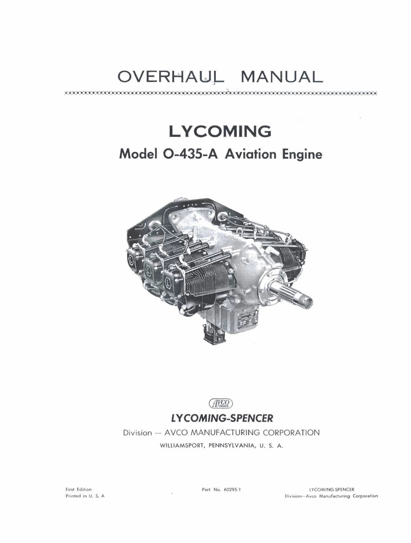 Overhaul Manual Lycoming Model O-435-A Aviation Engine